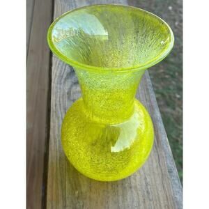 Beautiful Yellow Crackle Glass Flower Vase. Handmade in Hungary. Berry Cyrstal